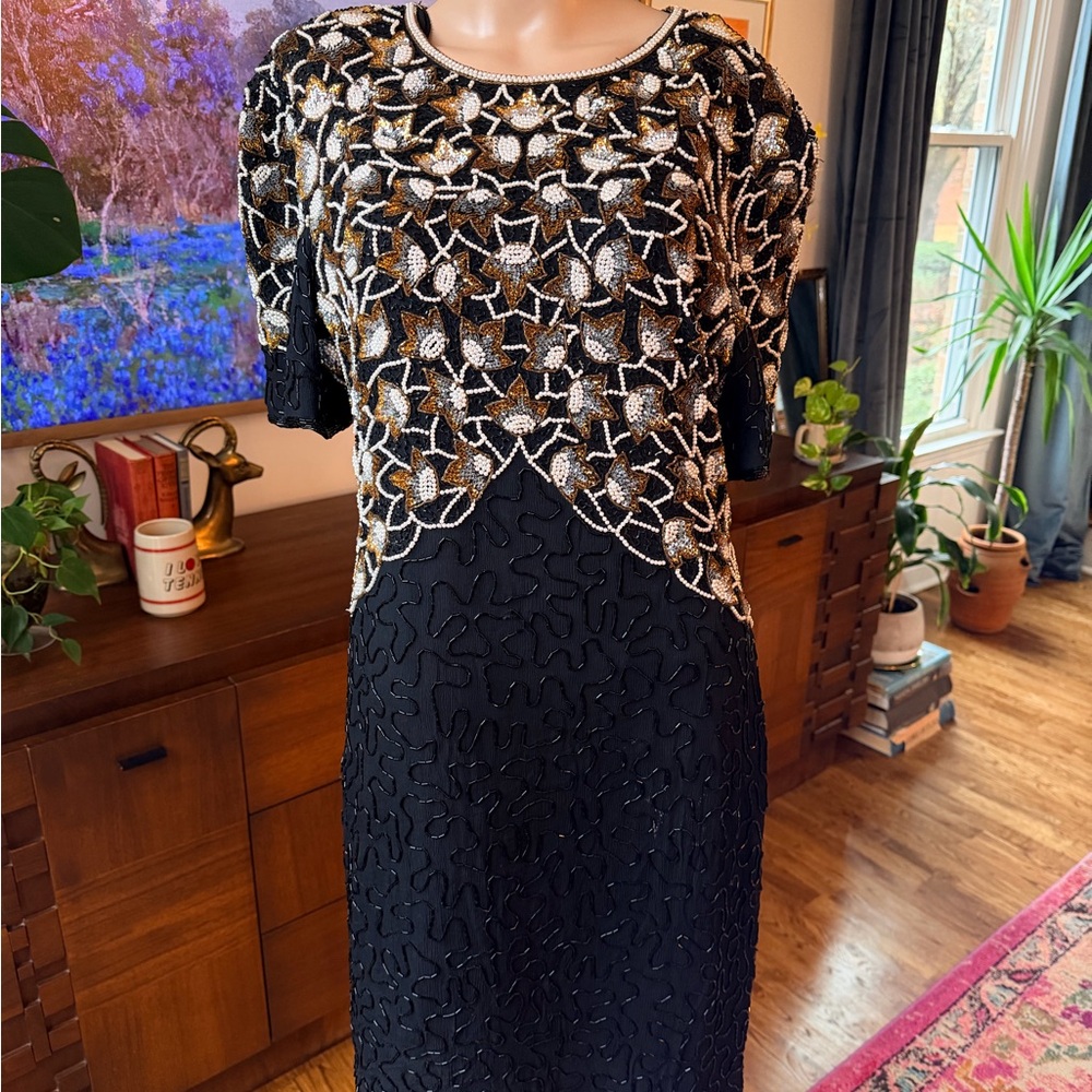 Vintage Night Vogue Heavily Beaded Silk Cocktail Dress